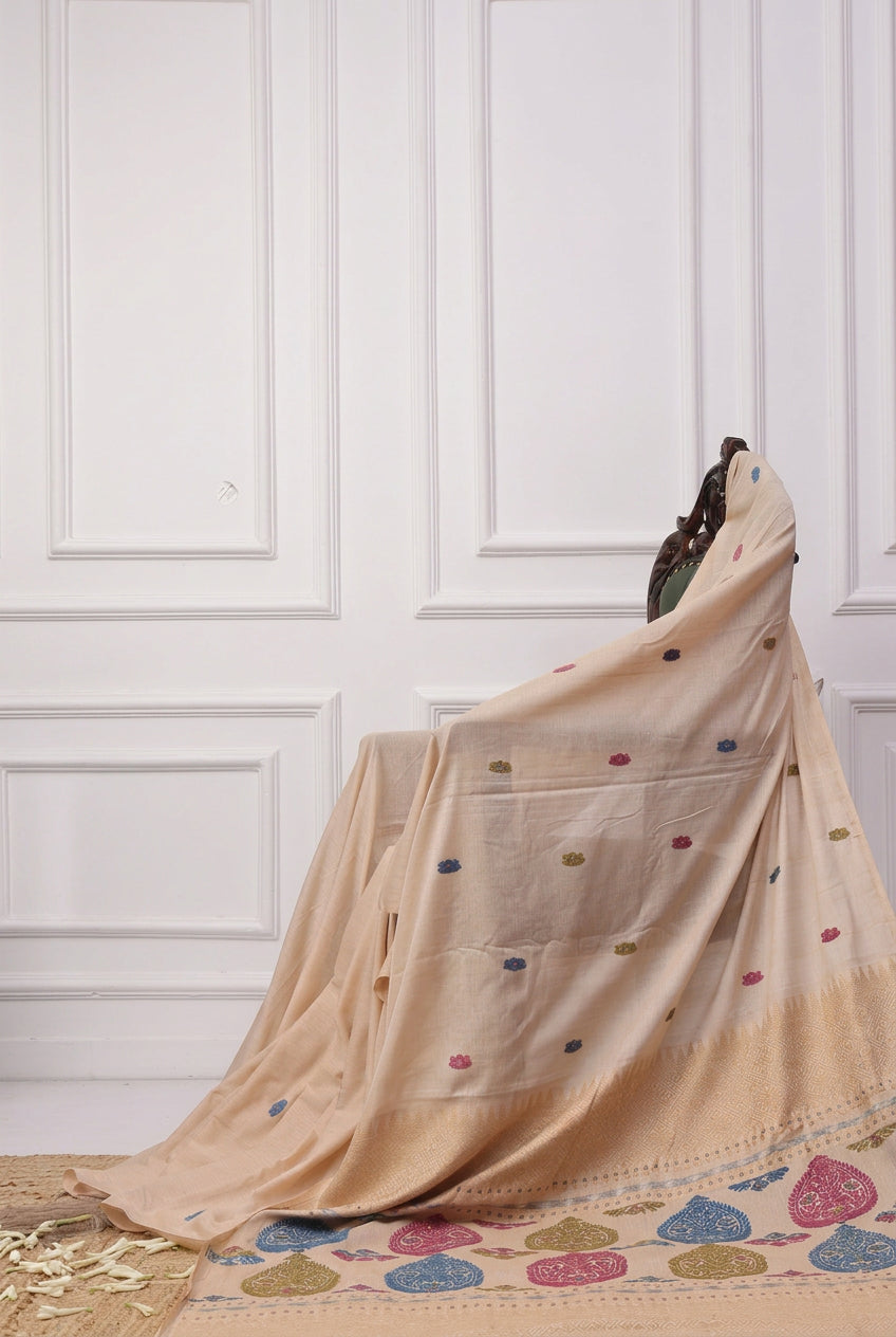 Aidew beige cotton silk saree