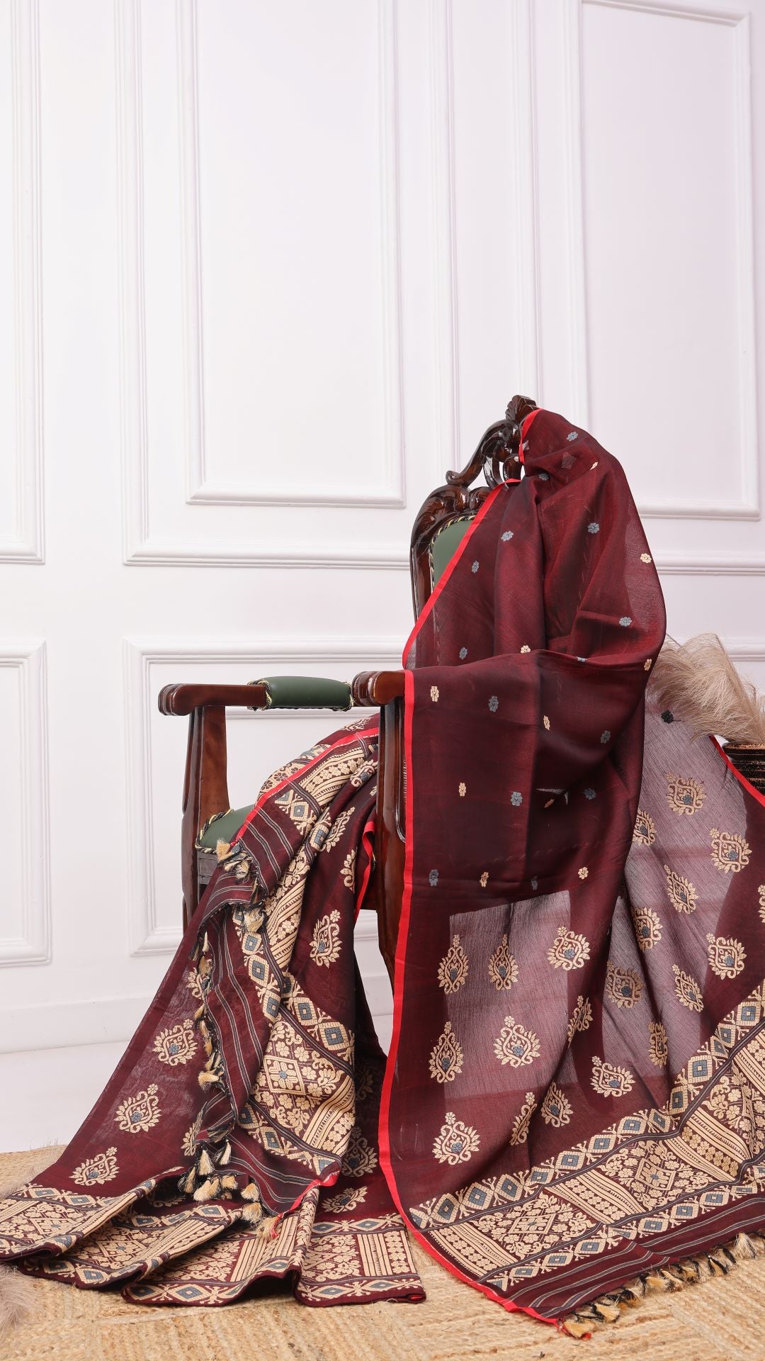 Burgundy cotton silk mekhela sador