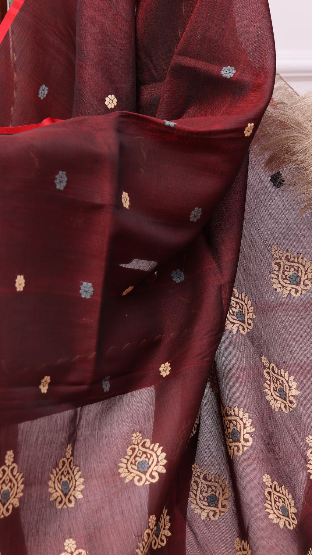 Burgundy cotton silk mekhela sador