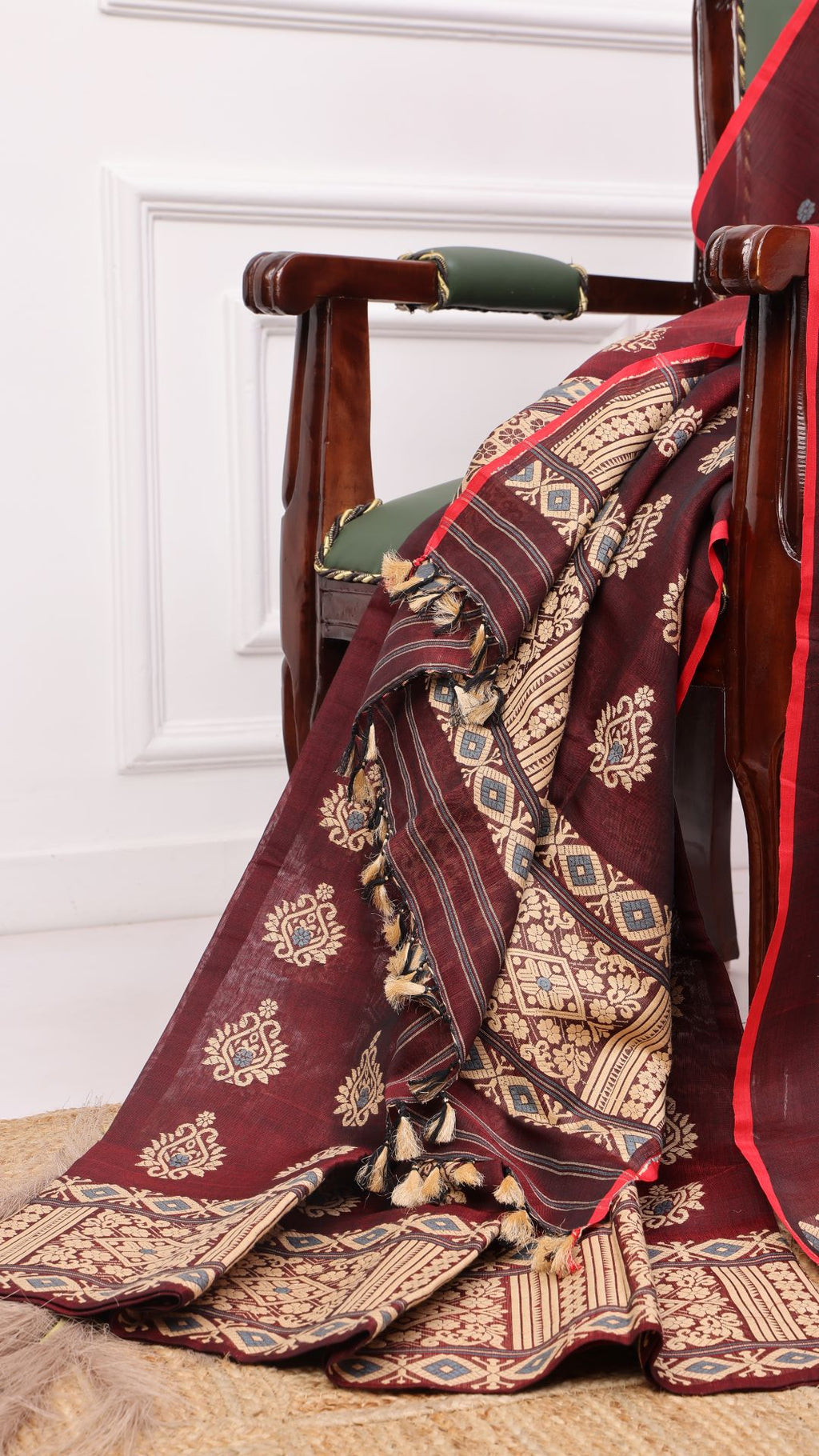 Burgundy cotton silk mekhela sador