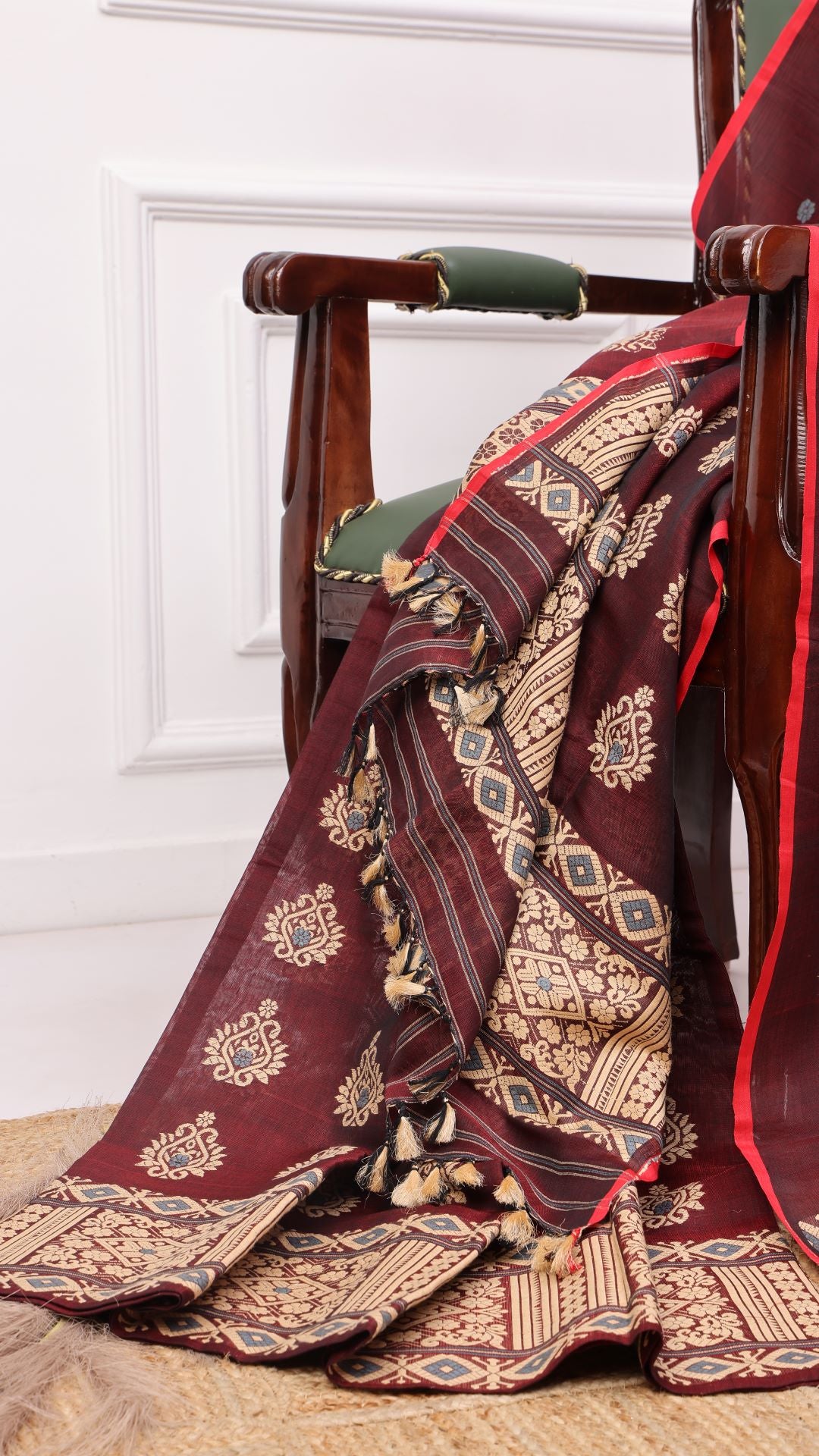 Burgundy cotton silk mekhela sador