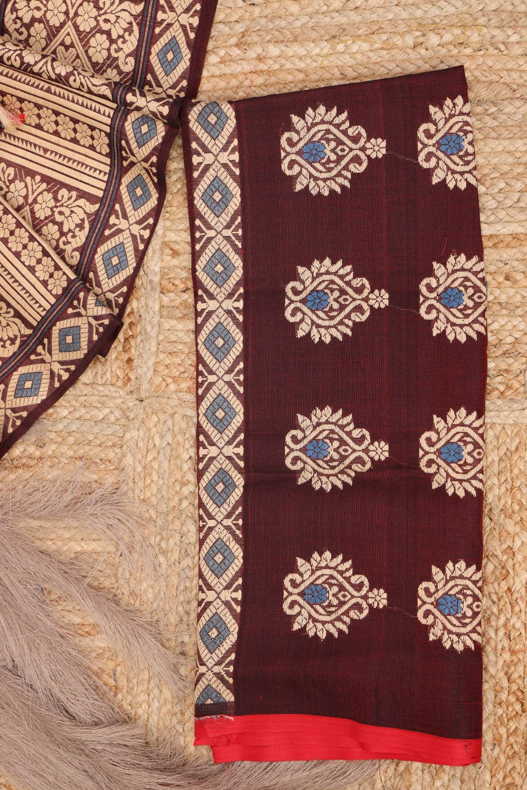 Burgundy cotton silk mekhela sador