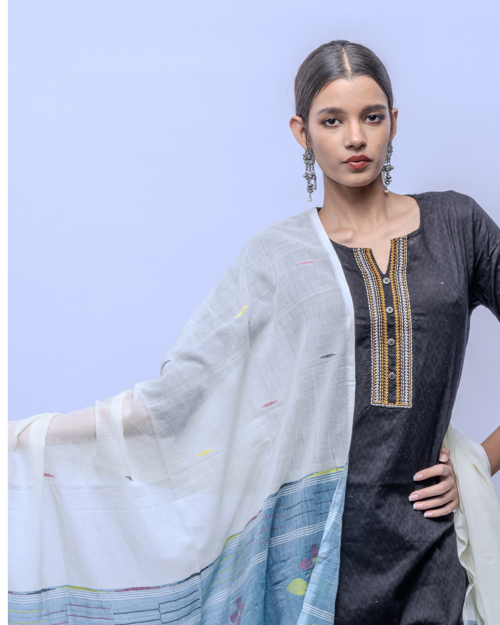 White Blue Jamdani cotton stole