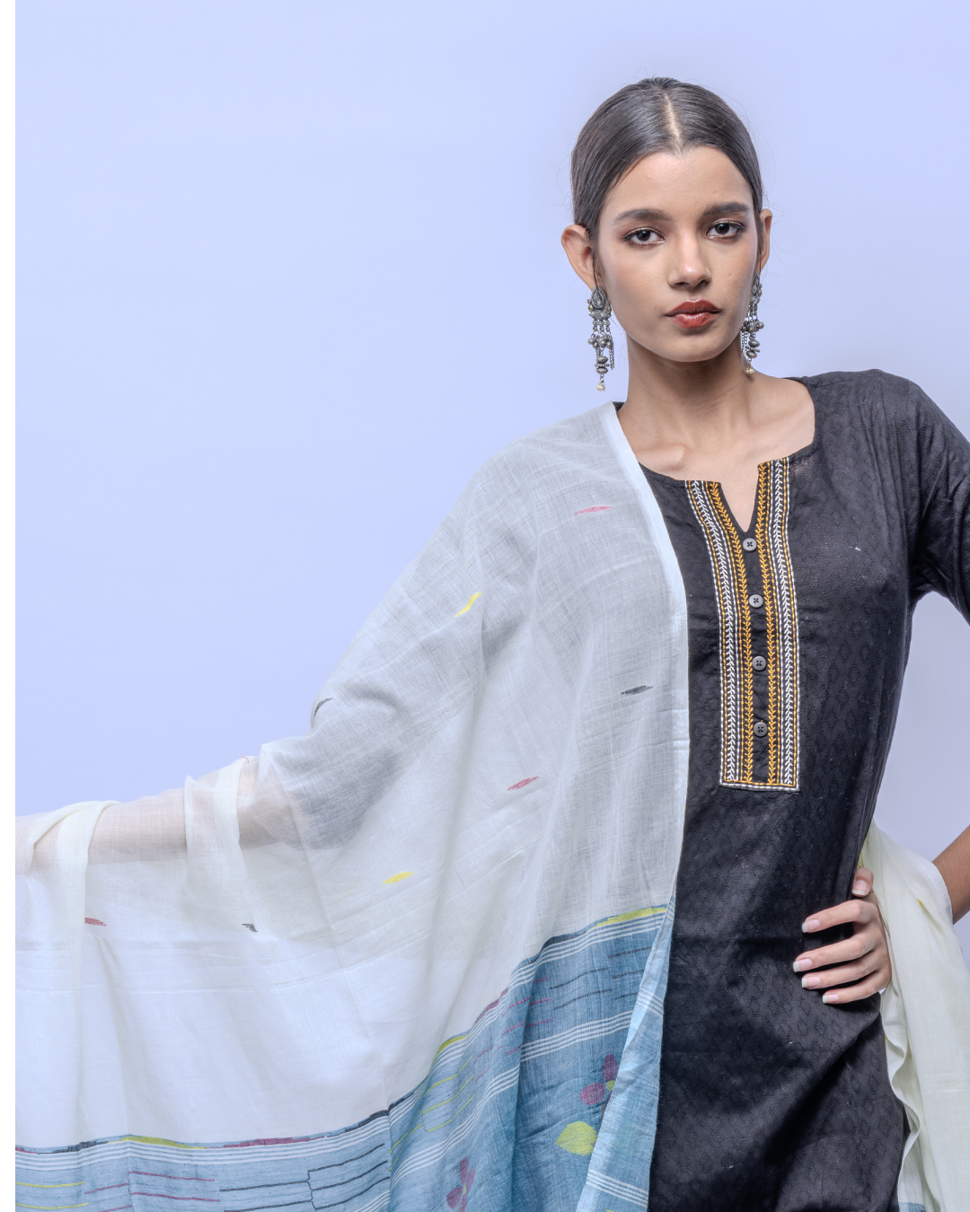 White Blue Jamdani cotton stole