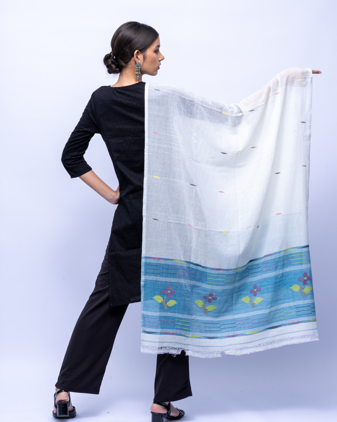 White Blue Jamdani cotton stole