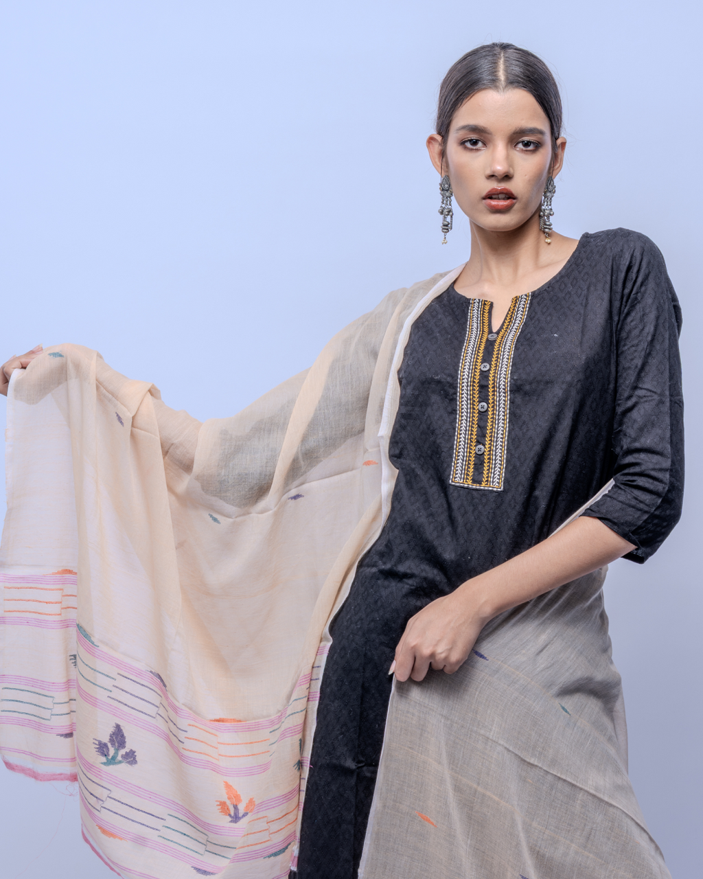 Peach Jamdani cotton stole