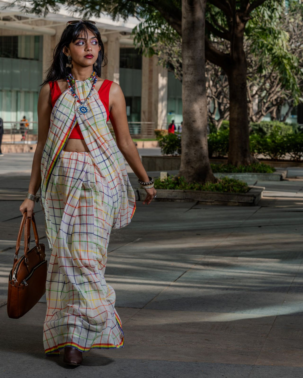 White multicolored Bina cotton saree