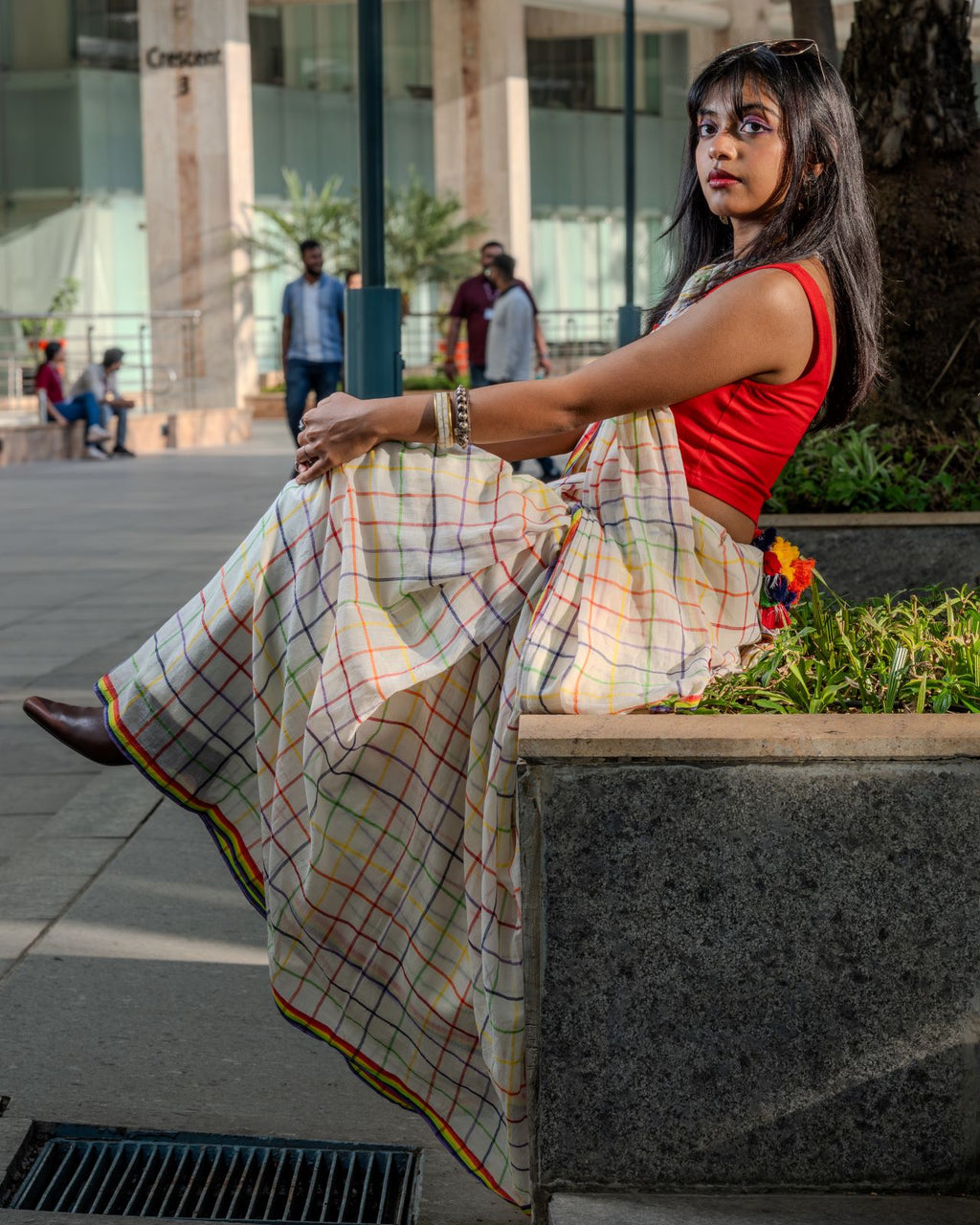 White multicolored Bina cotton saree
