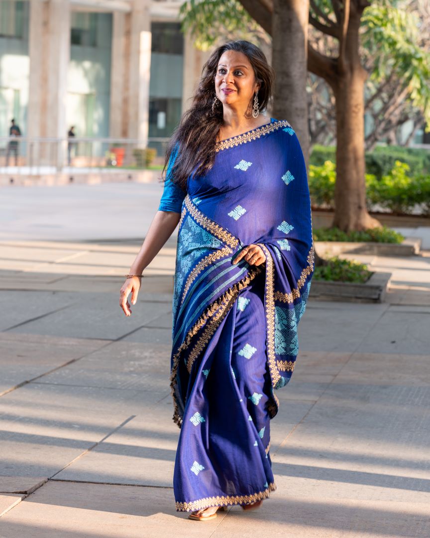 Indigo Marie cotton saree with Muga and Eri