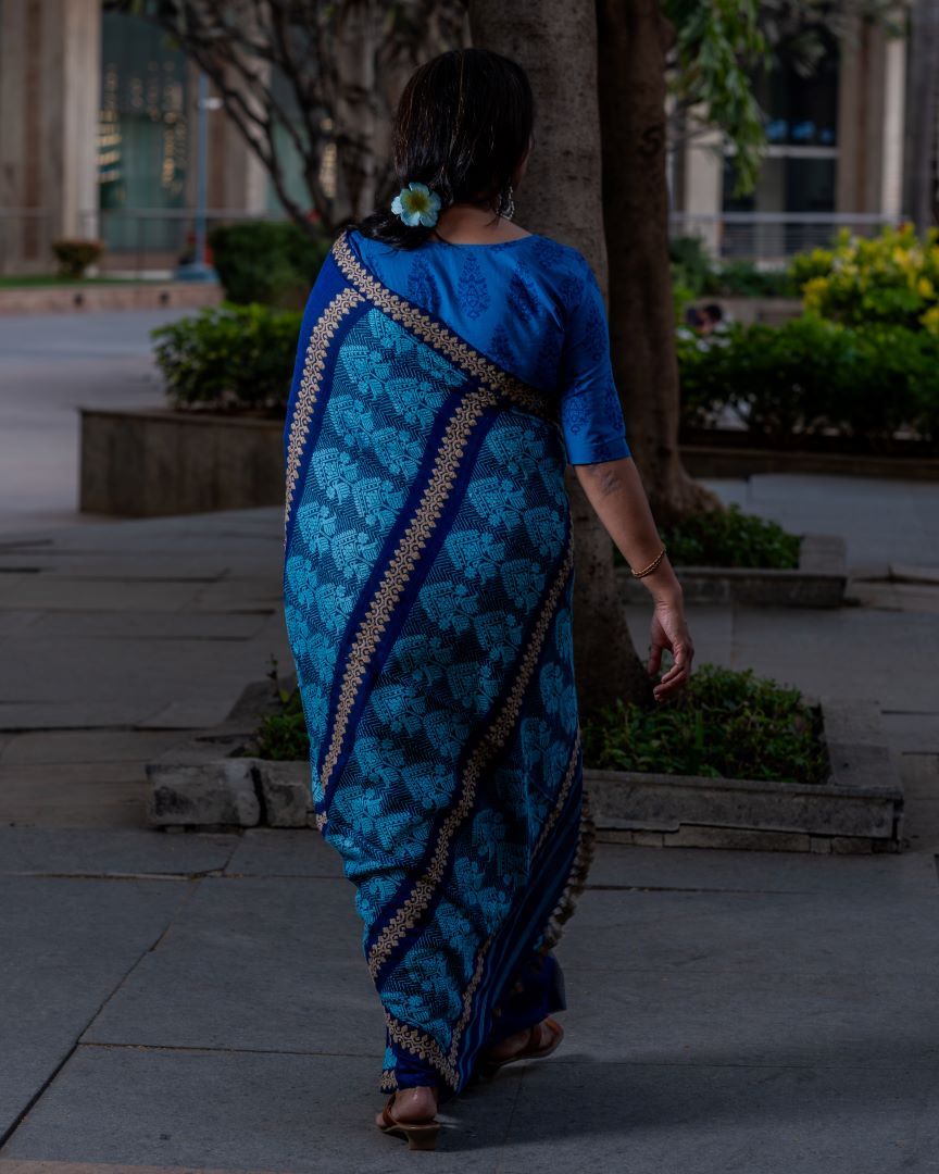 Indigo Marie cotton saree with Muga and Eri