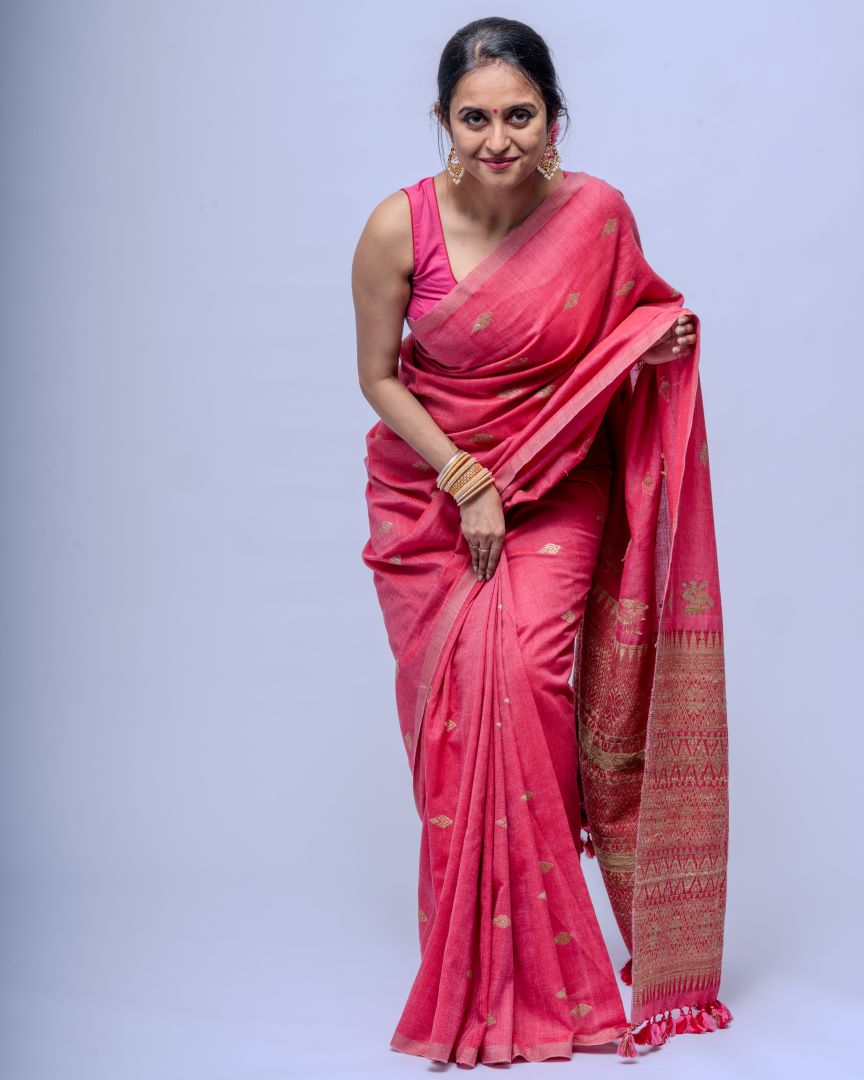 Rukhma Pink cotton Muga silk saree