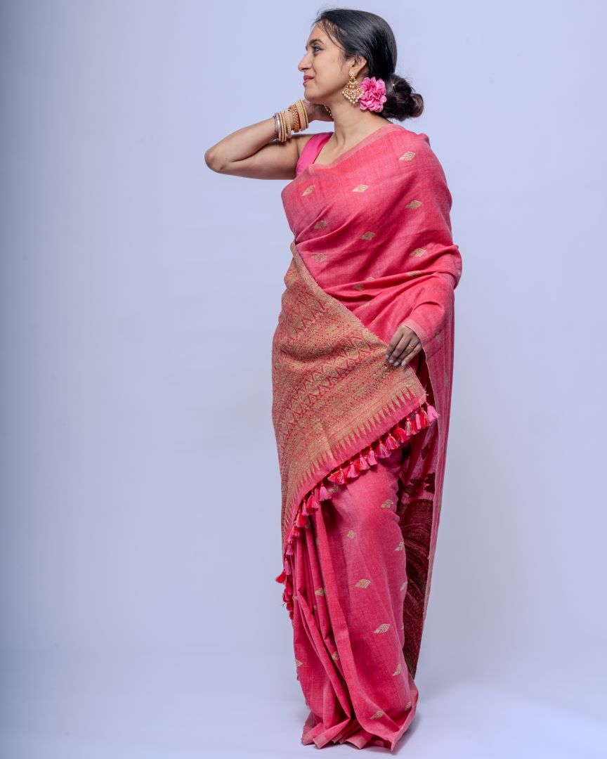 Rukhma Pink cotton Muga silk saree