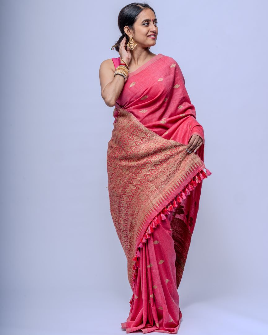 Rukhma Pink cotton Muga silk saree