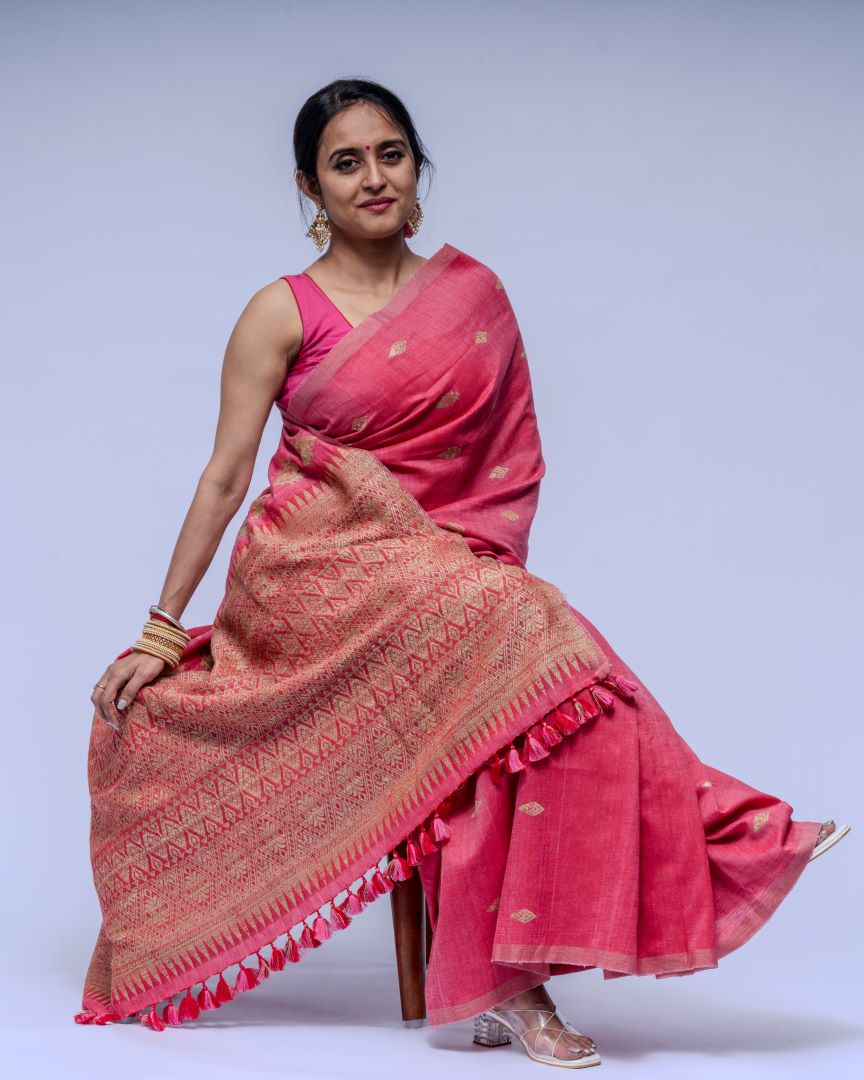 Rukhma Pink cotton Muga silk saree