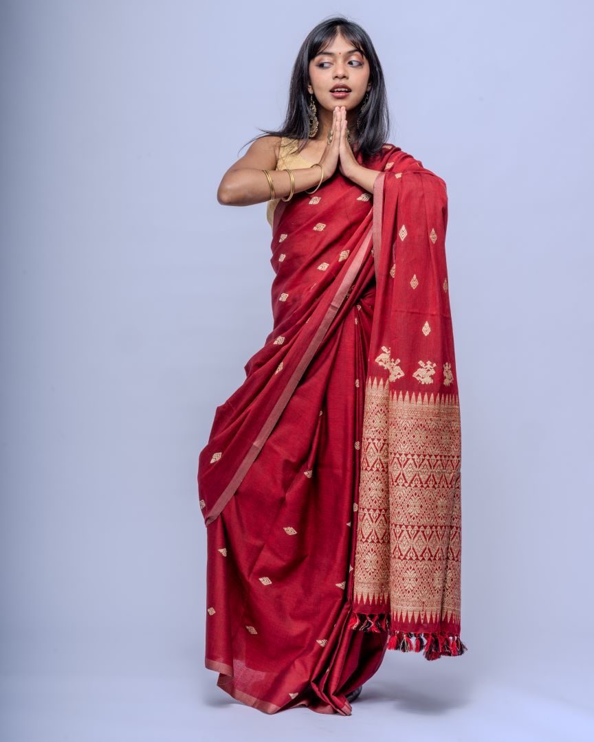 Rukhma Maroon cotton muga silk saree