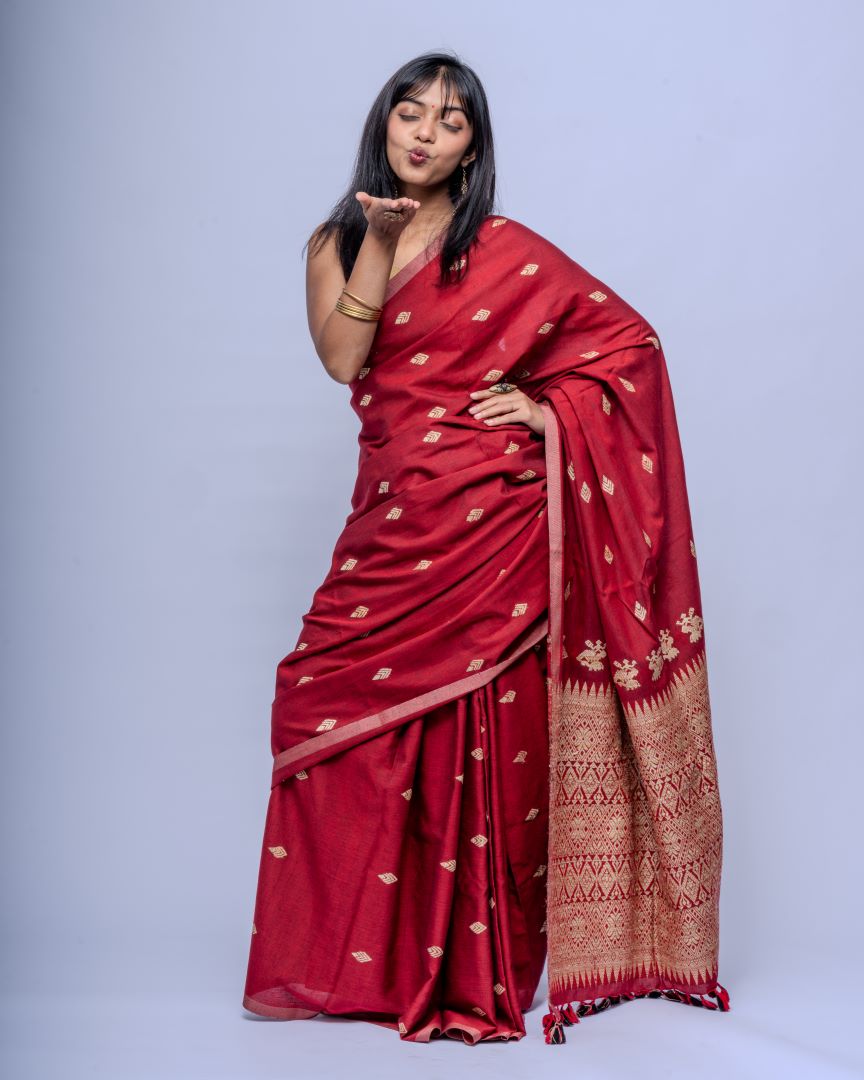 Rukhma Maroon cotton muga silk saree