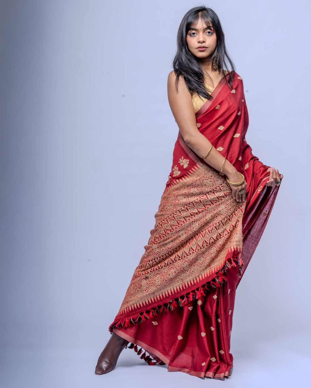 Rukhma Maroon cotton muga silk saree