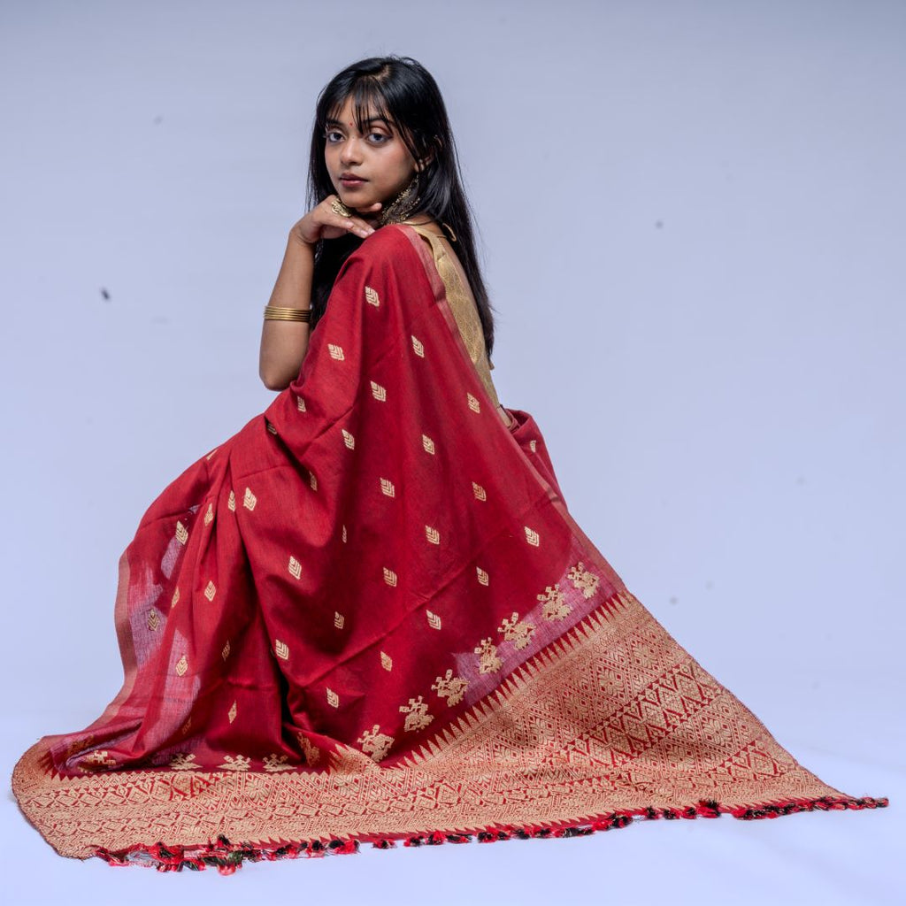 Rukhma Maroon cotton muga silk saree