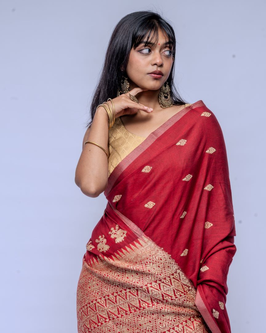 Rukhma Maroon cotton muga silk saree