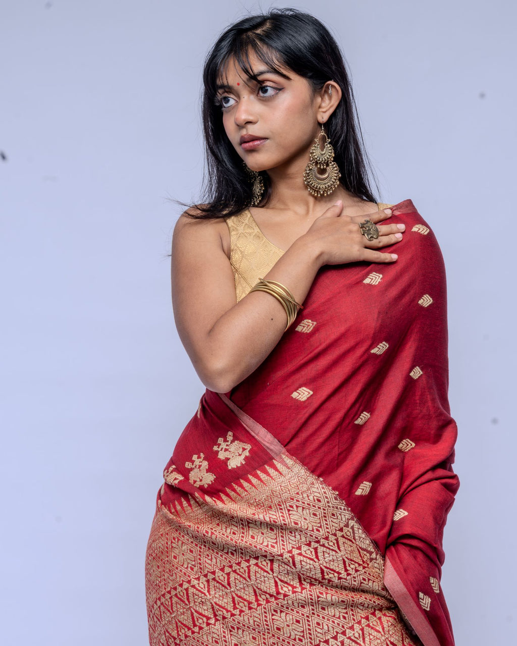 Rukhma Maroon cotton muga silk saree