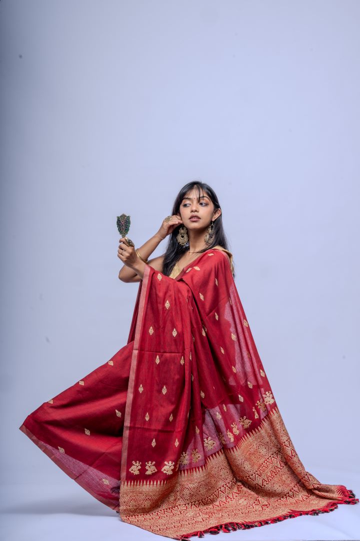 Rukhma Maroon cotton muga silk saree