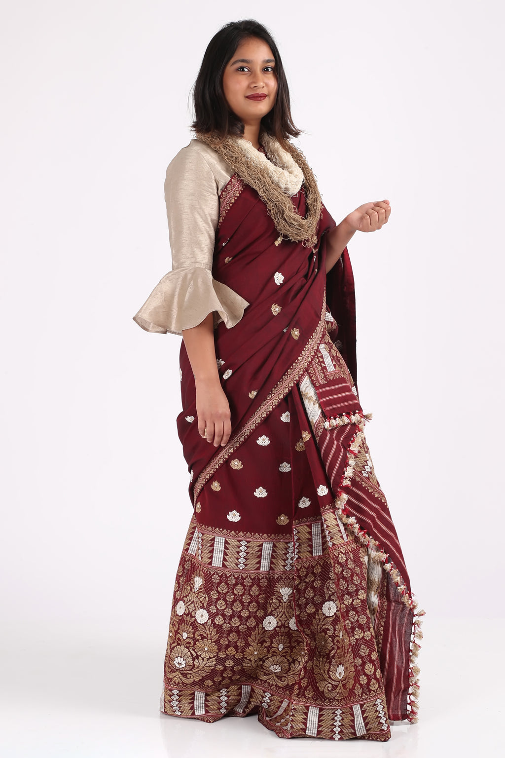 Maroon Ankita cotton silk Mekhela sador