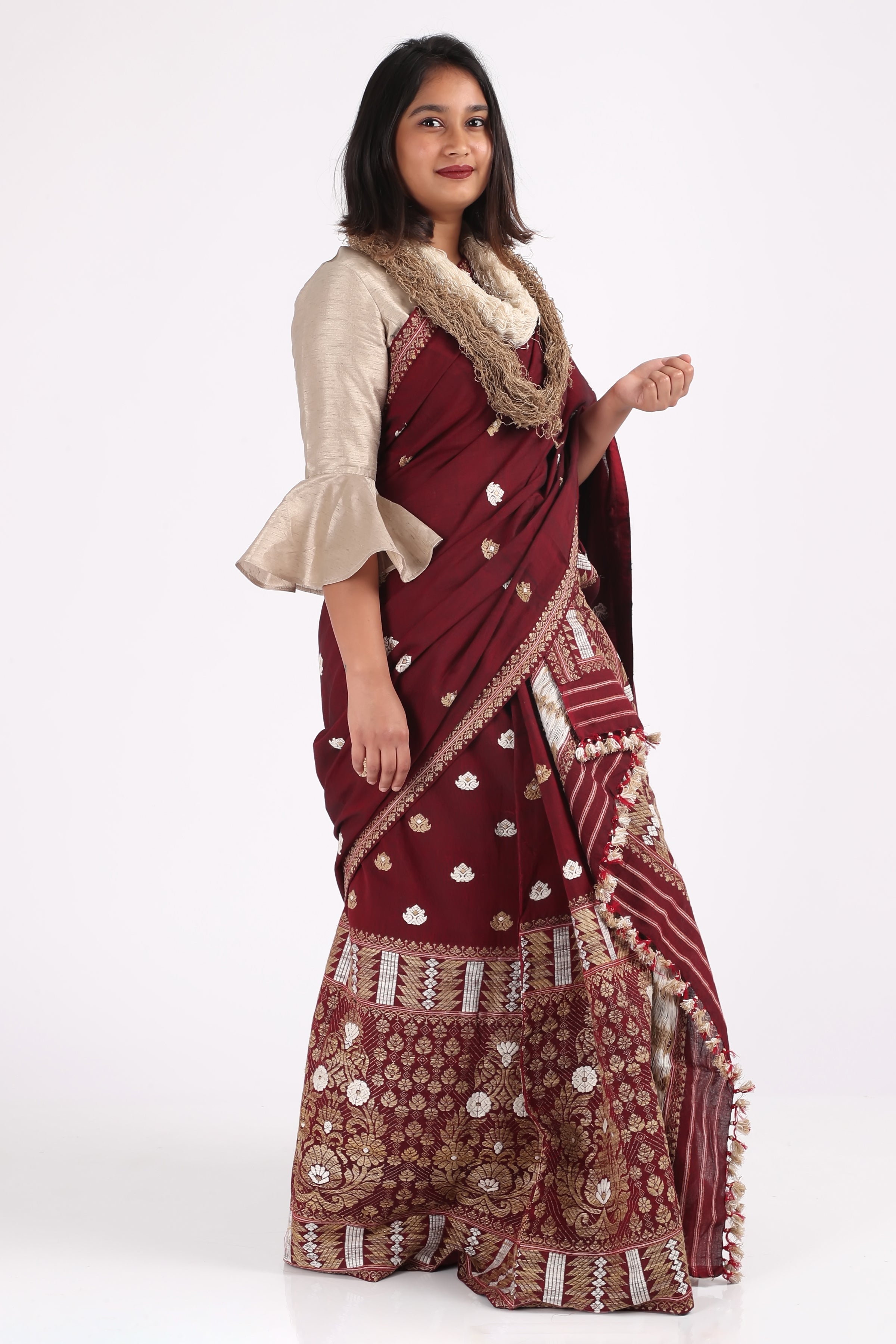 Maroon Ankita cotton silk Mekhela sador