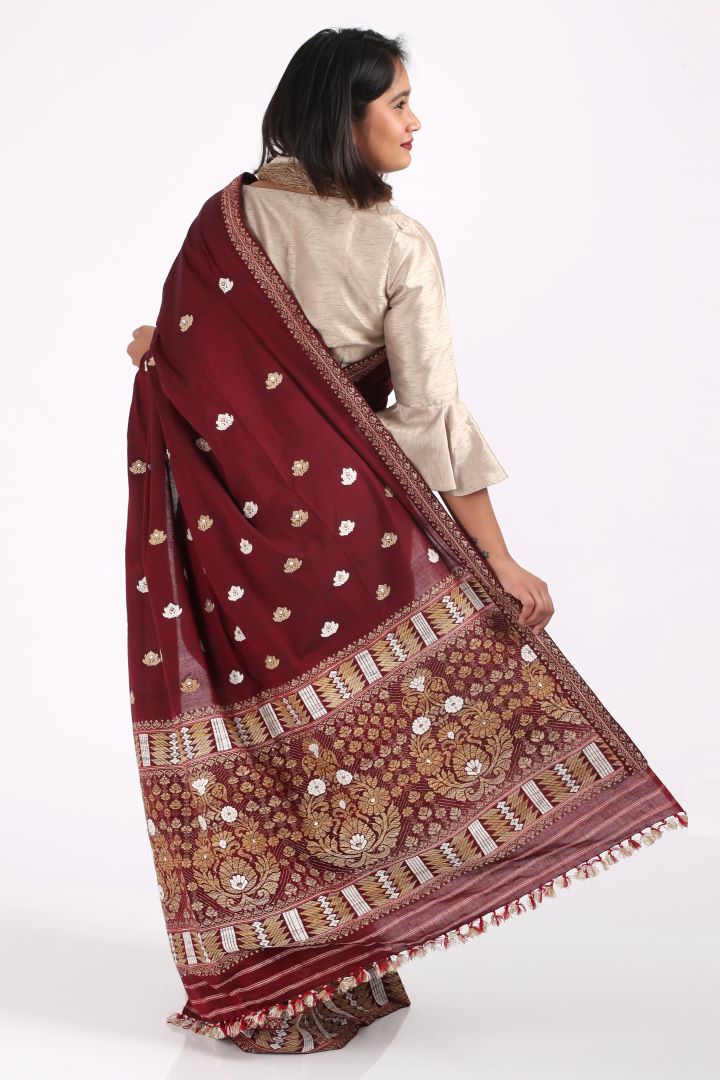Maroon Ankita cotton silk Mekhela sador
