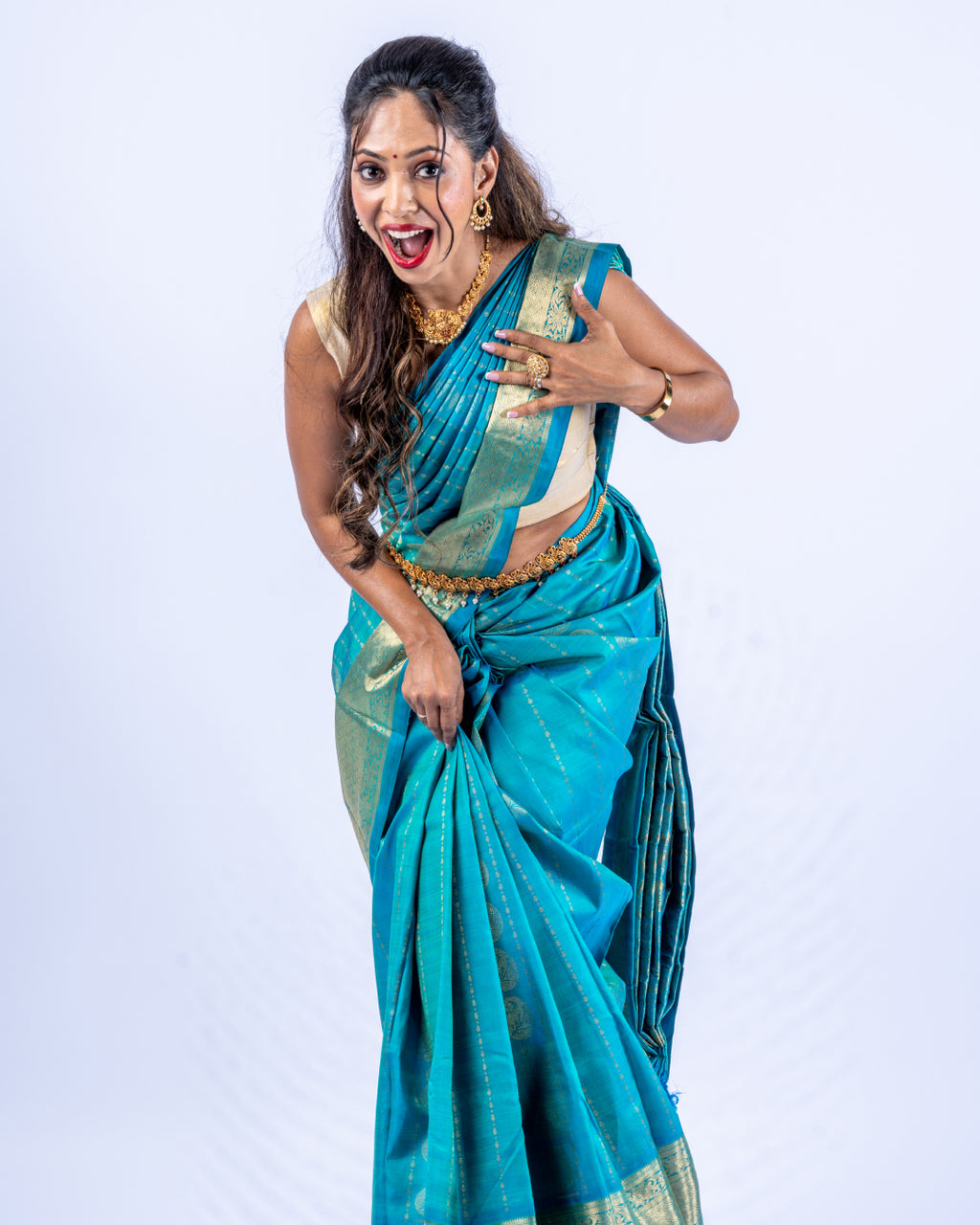 Teal blue woven pure zari Kanjeevaram saree