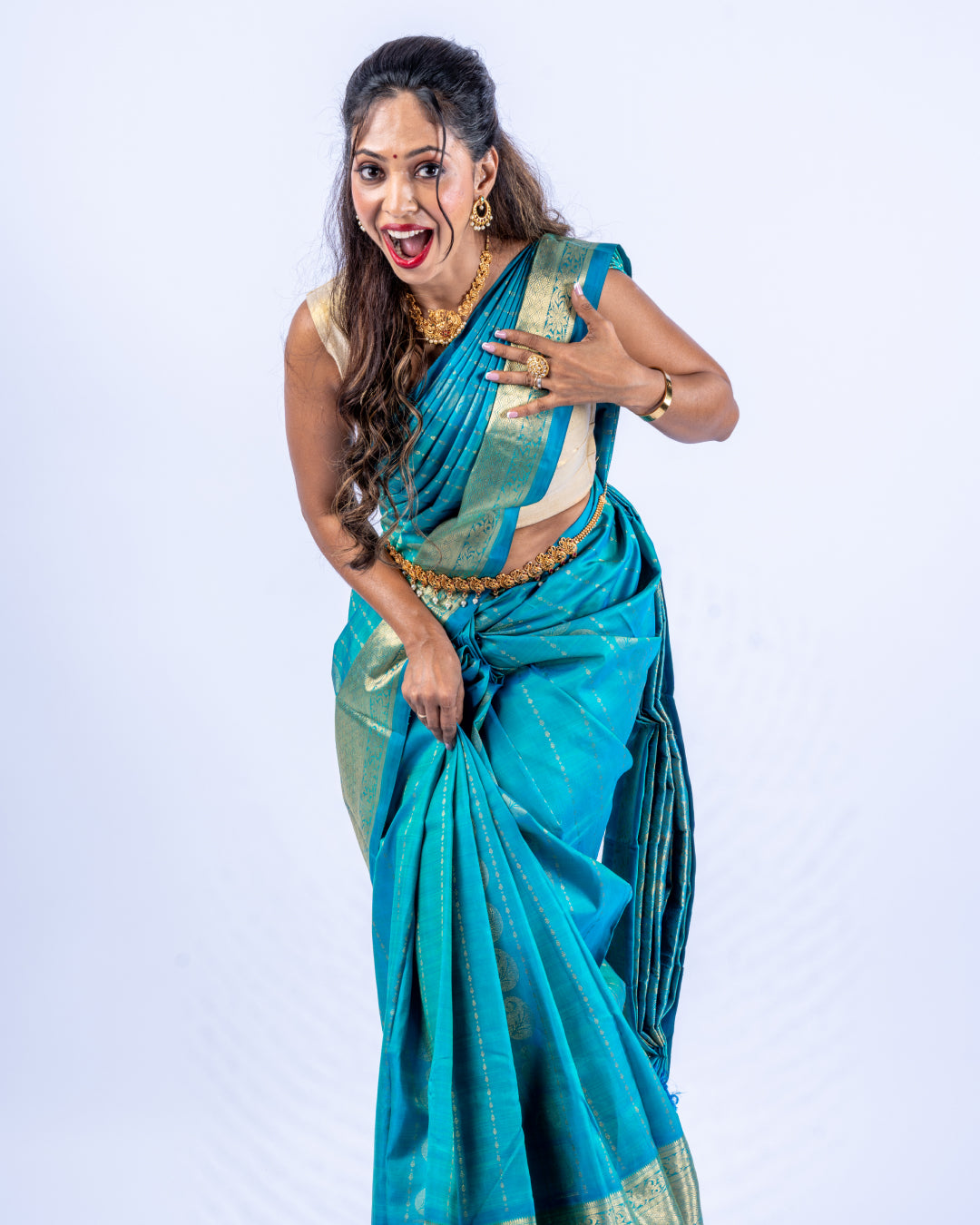Teal blue woven pure zari Kanjeevaram saree