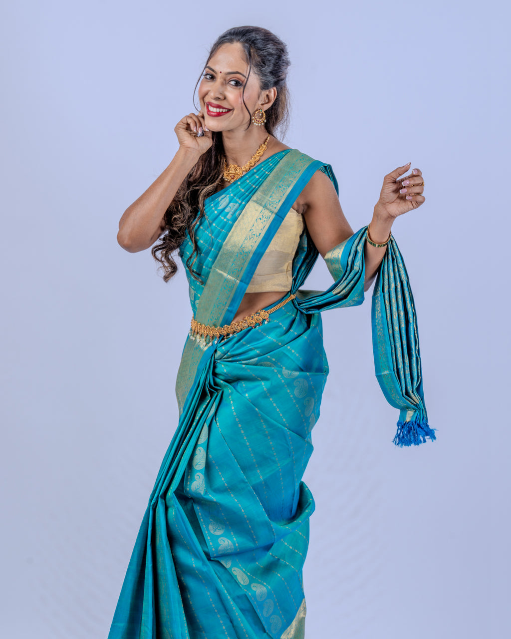 Teal blue woven pure zari Kanjeevaram saree