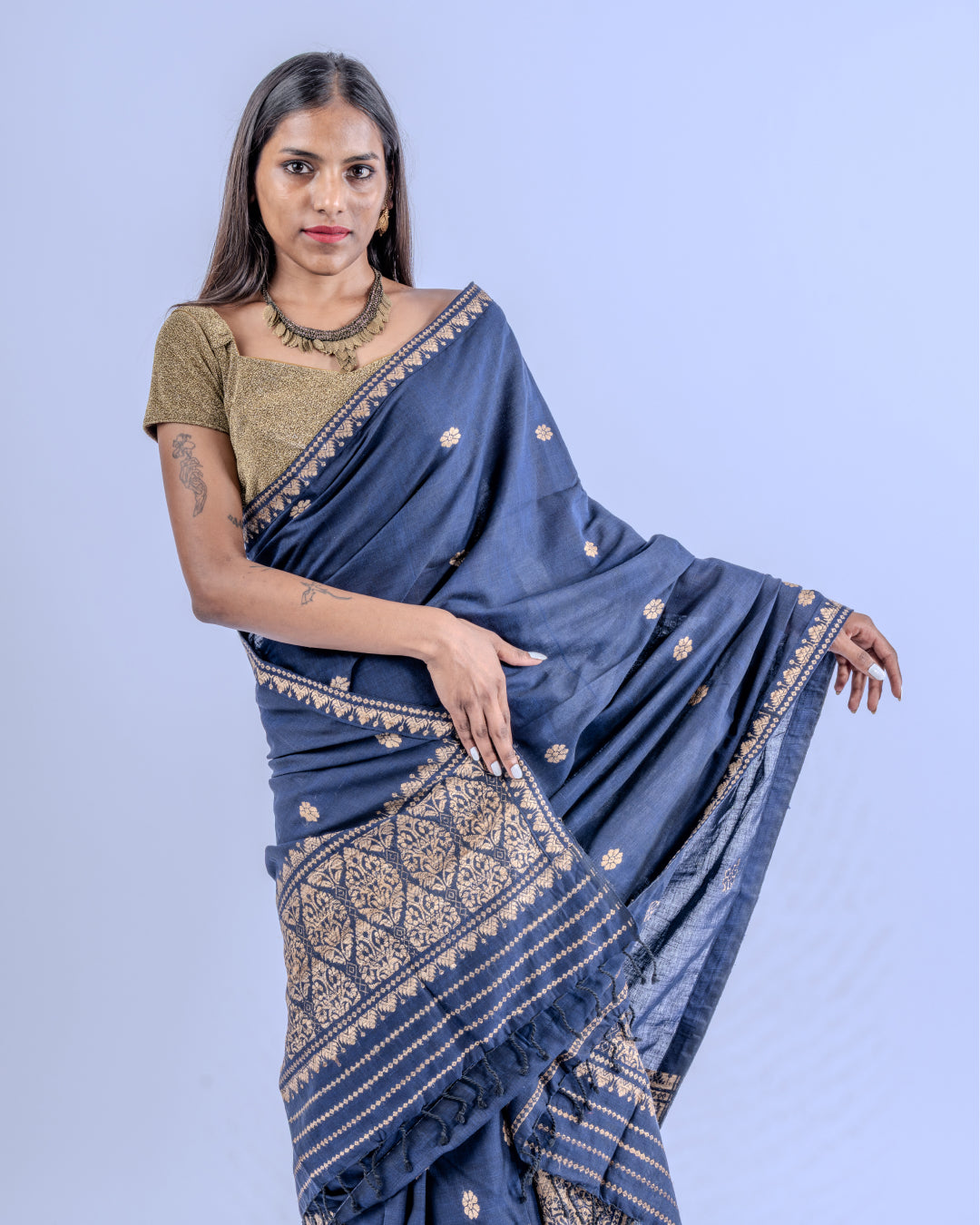 Indira indigo cotton Eri  silk Mekhela sador