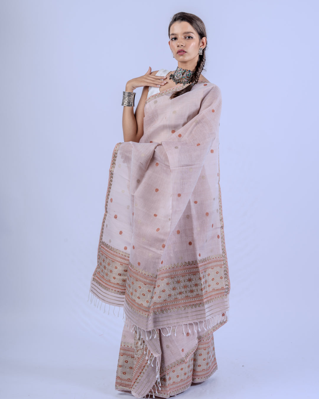 Nalini blush pink cotton silk mekhela sador