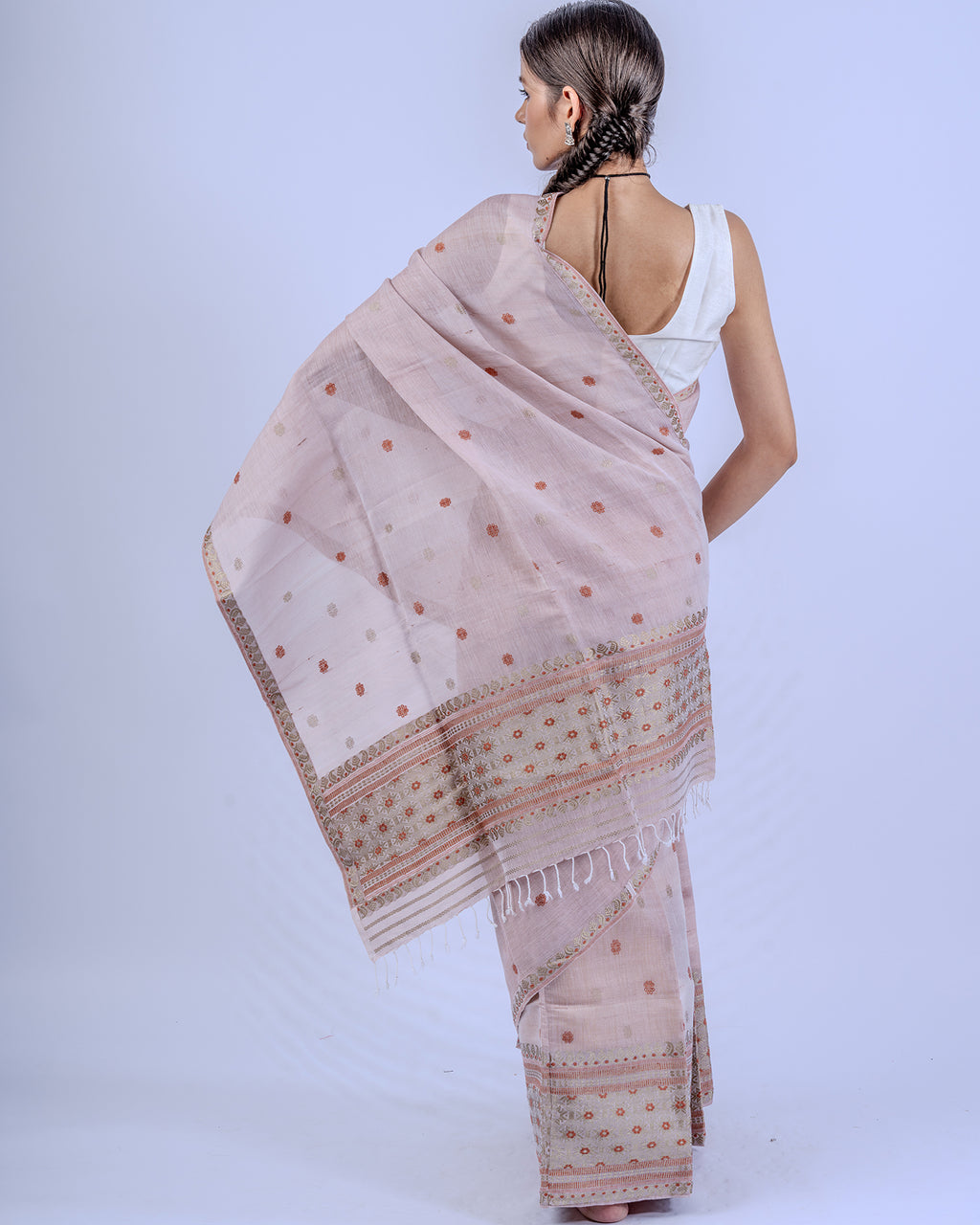 Nalini blush pink cotton silk mekhela sador