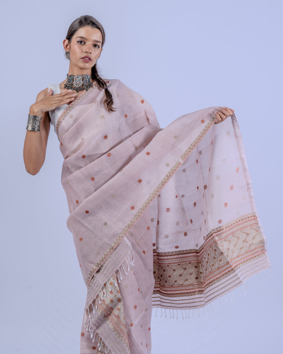 Nalini blush pink cotton silk mekhela sador