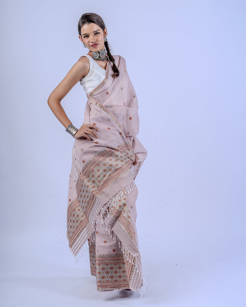 Nalini blush pink cotton silk mekhela sador