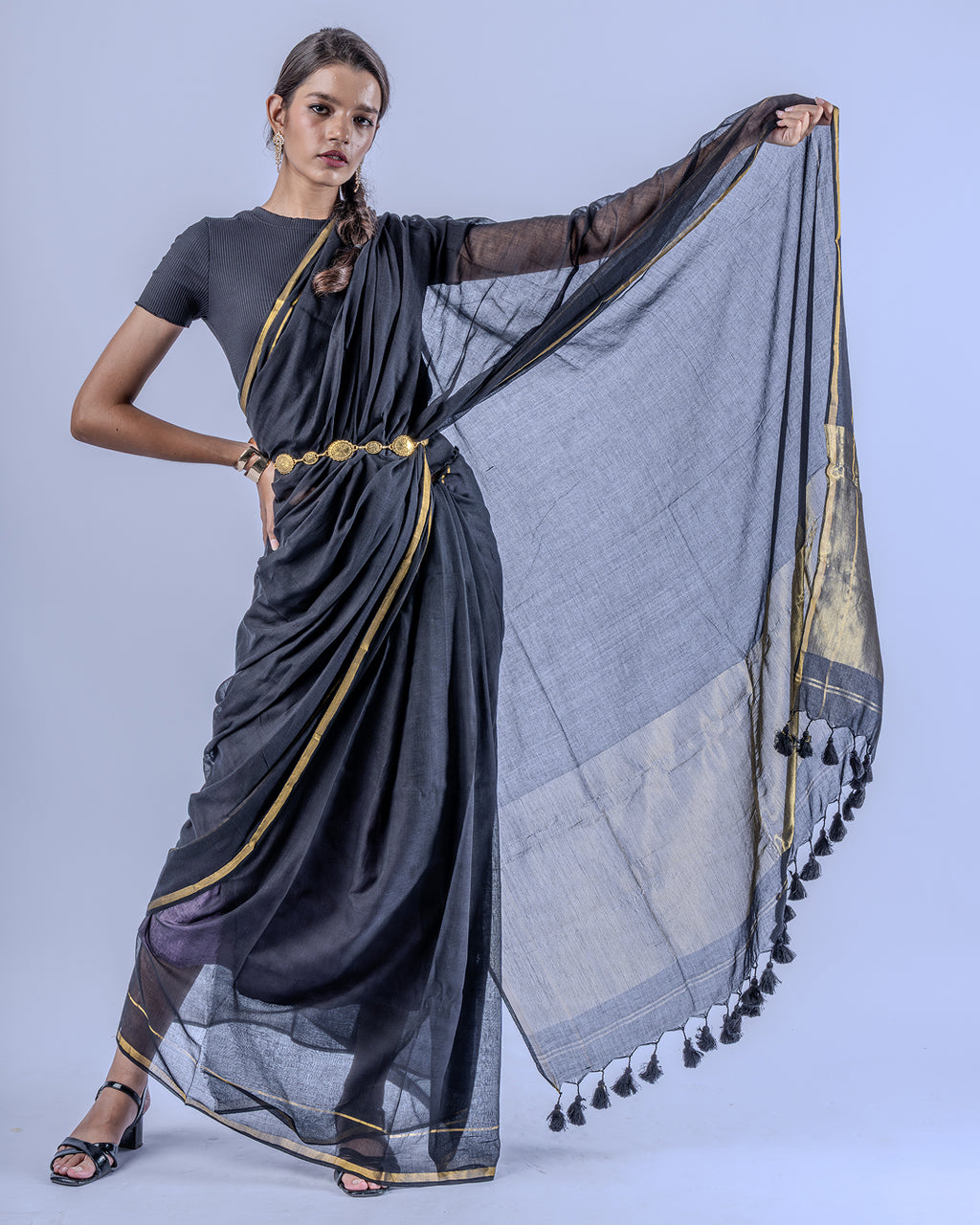 Tara black gold Mul cotton saree