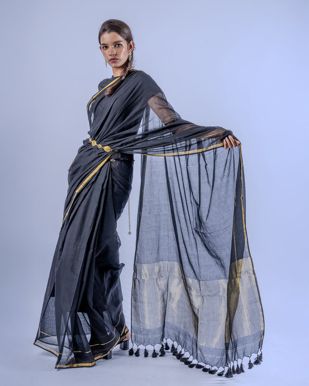 Tara black gold Mul cotton saree