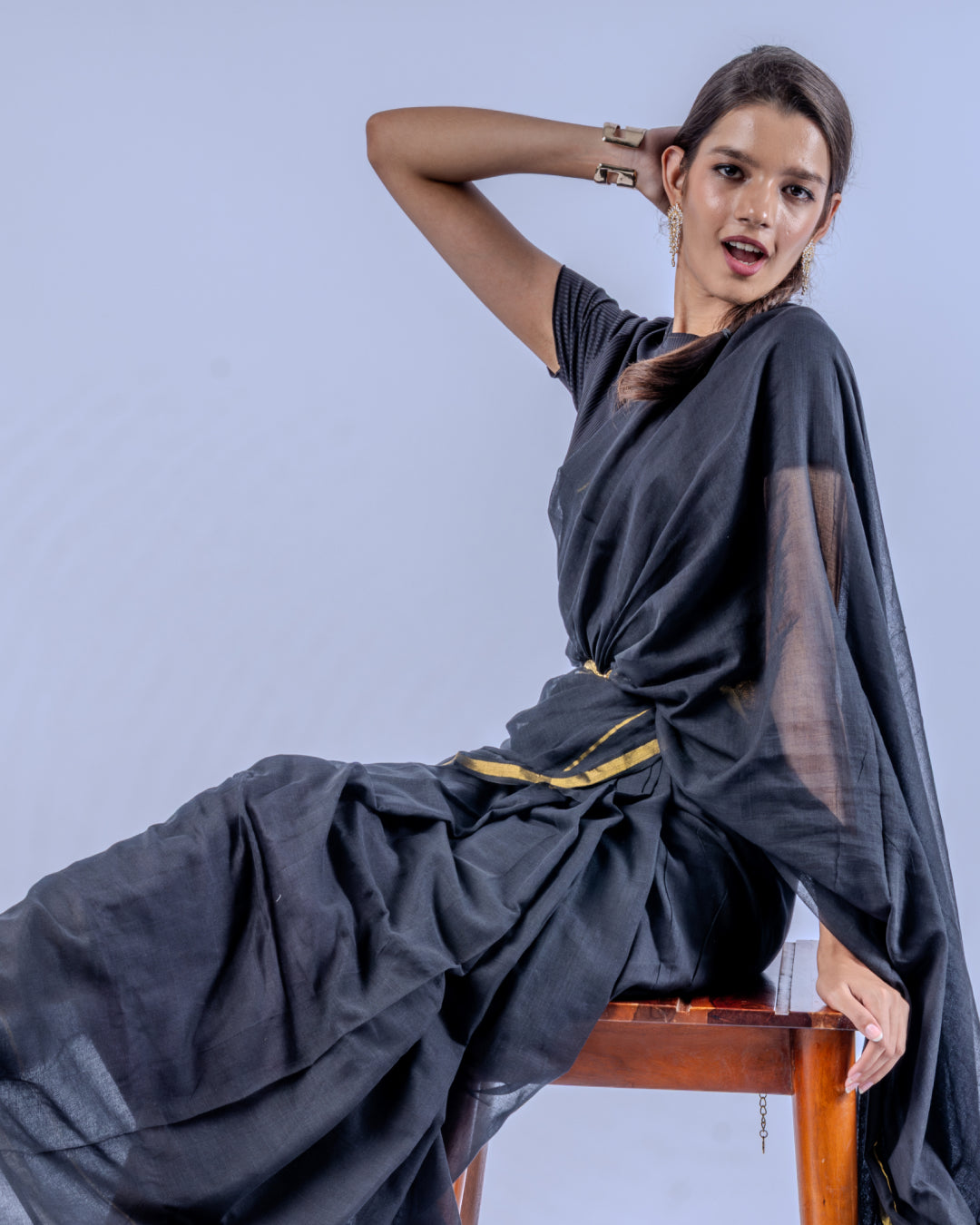 Tara black gold Mul cotton saree