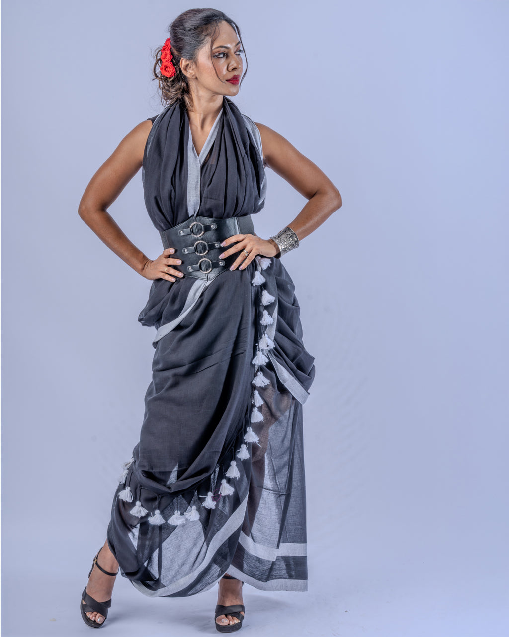 Tara black silver Mul cotton saree