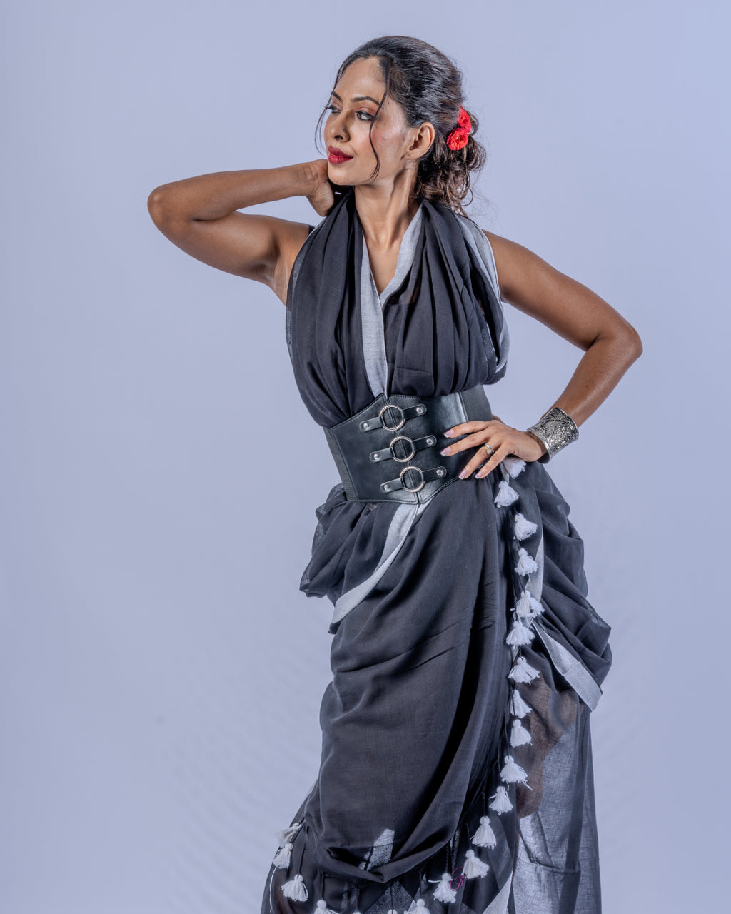 Tara black silver Mul cotton saree