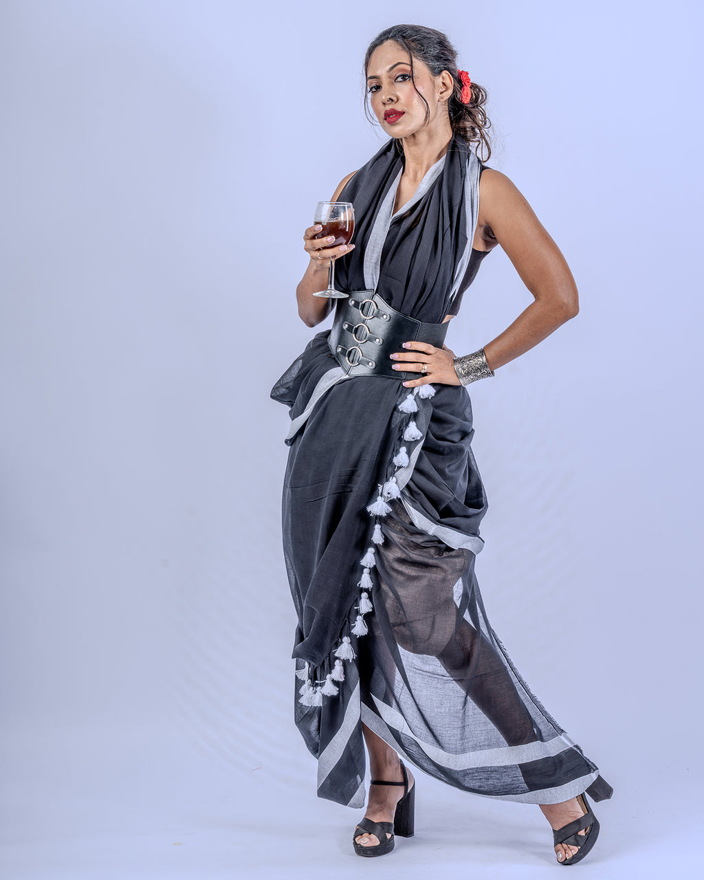 Tara black silver Mul cotton saree