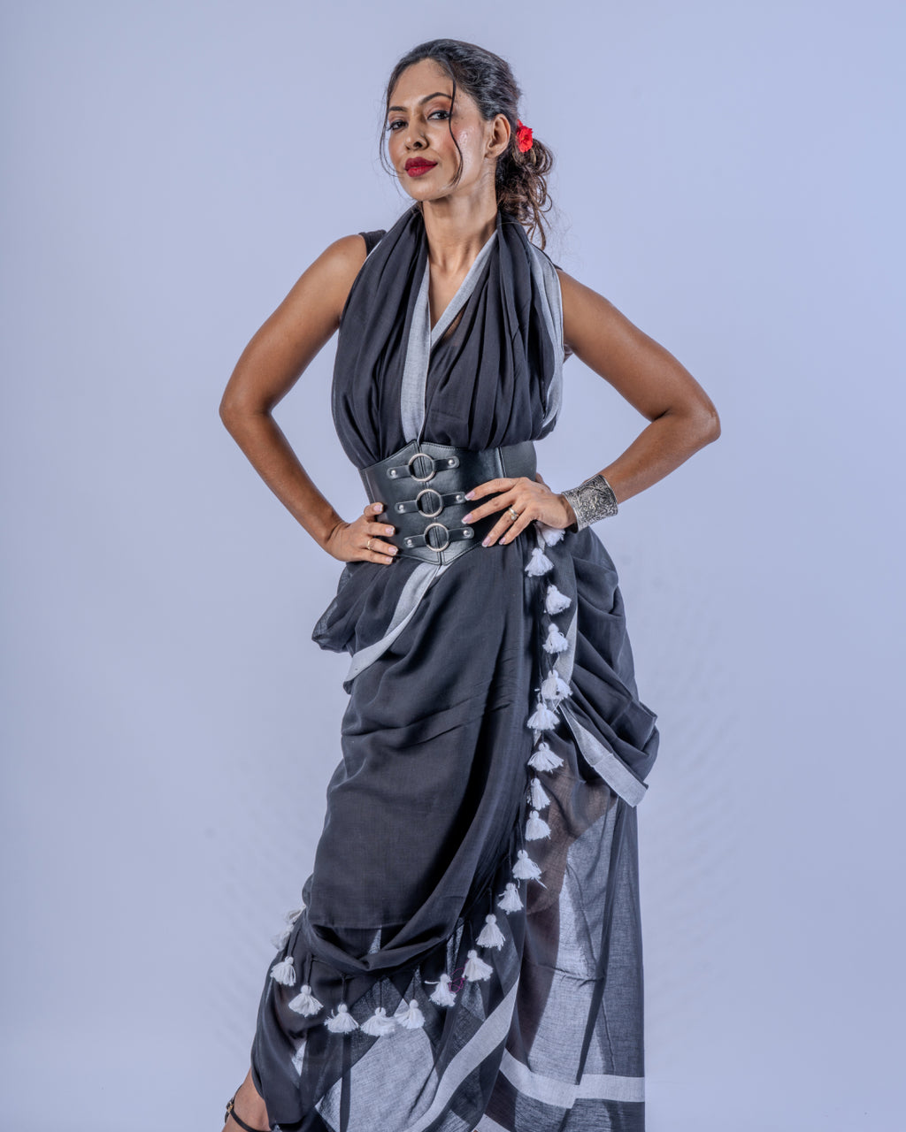 Tara black silver Mul cotton saree