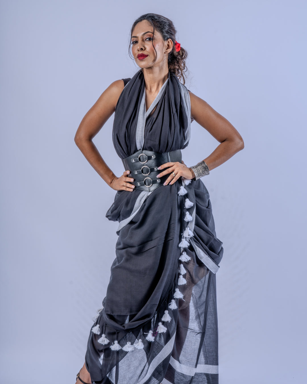 Tara black silver Mul cotton saree