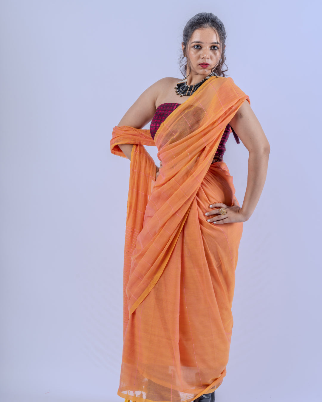 Durga jikmik peach Mul cotton saree