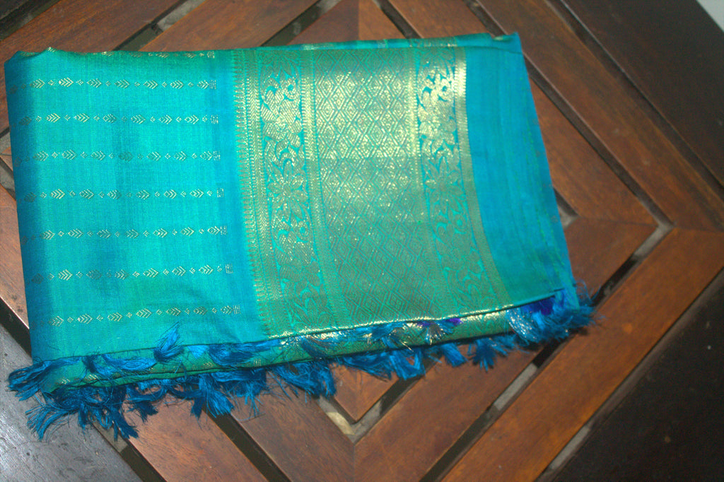 Teal blue woven pure zari Kanjeevaram saree