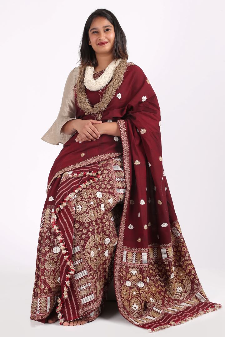 Maroon Ankita cotton silk Mekhela sador