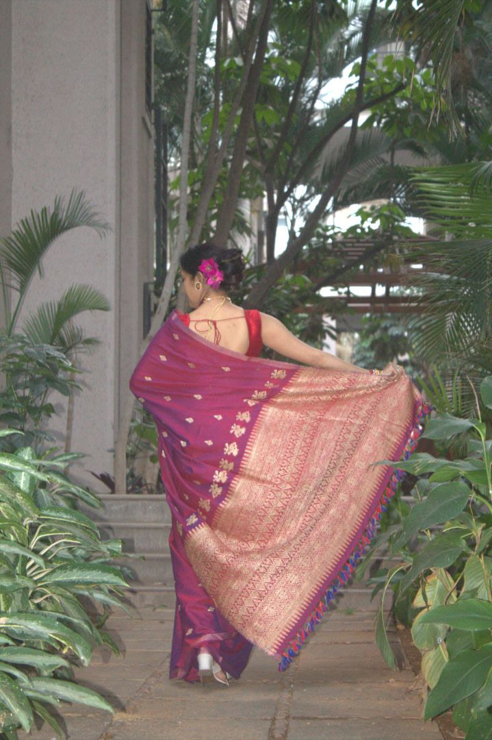 Rukhma Purple cotton Muga silk saree