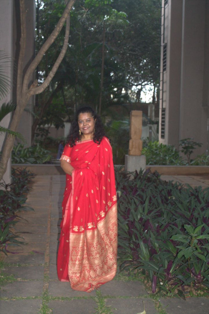 Rukhma Red cotton Muga silk saree