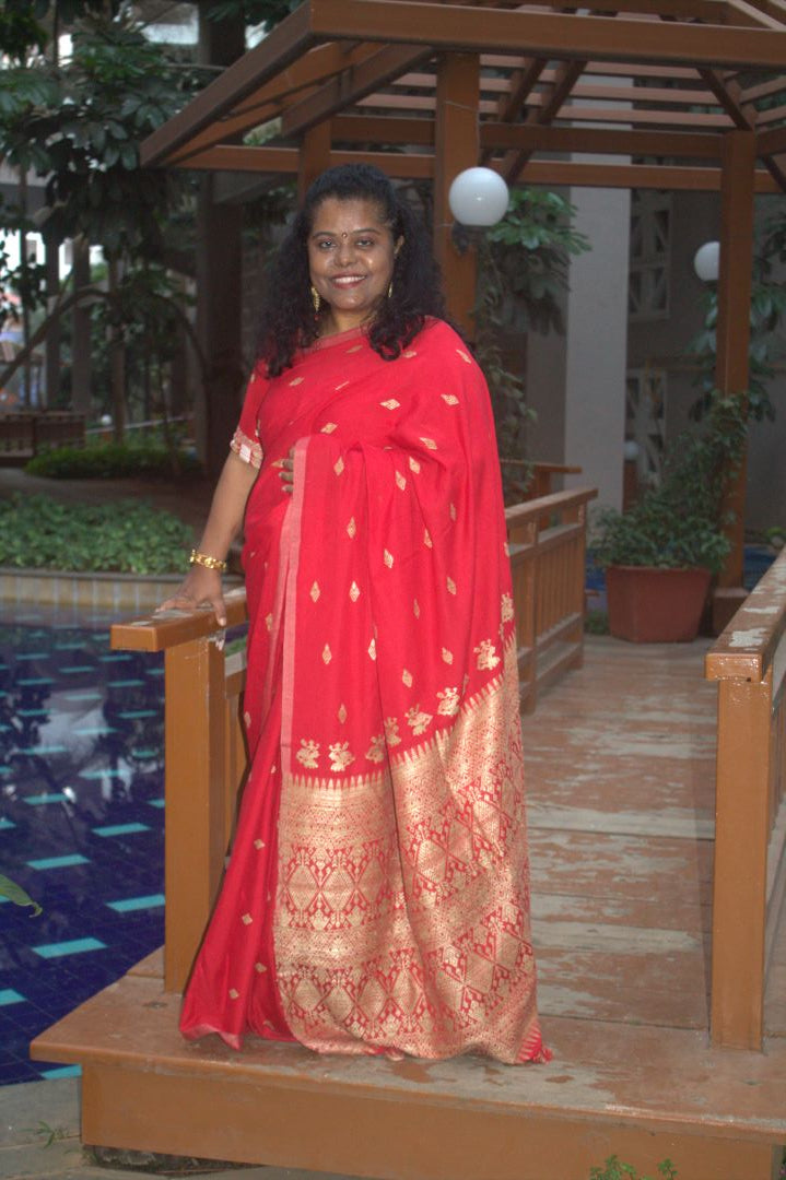 Rukhma Red cotton Muga silk saree